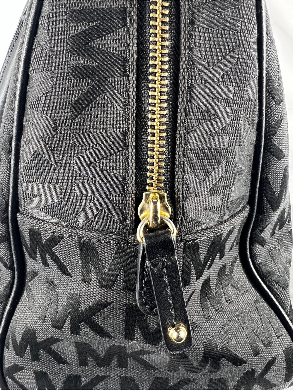 Michael Kors Black MK Signature Jacquard Satchel Bowler Bag Leather Trim Large - Picture 8 of 16